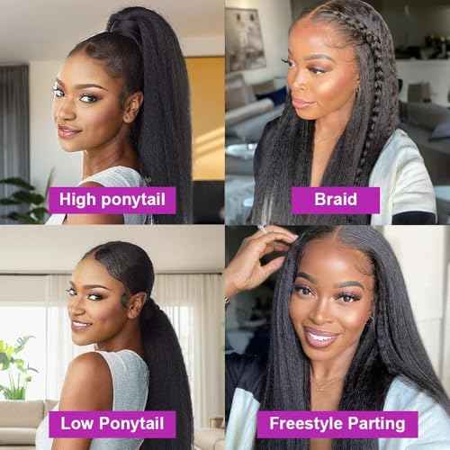 Kinky Straight Lace Front Wigs Human Hair Pre Plucked With Baby Hair 4x4 Transparent Yaki KinkyStraight Human Hair 180% Density Yaki Straight Lace Frontal Wigs for Women 20 Inch