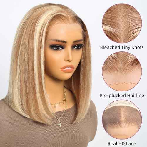 P12/613 Bob Wig Human Hair 13x4 Ready to Go Highlight 12A P12/613 Lace Front Wigs Human Hair 210% Density HD Lace Front Wig Pre Plucked (10inch, 13X4 Bob Wig)