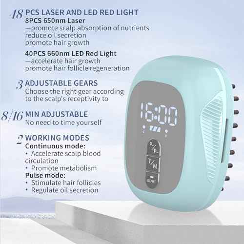 Laser Therapy Hair Growth Comb, Home Use Red Light Device, Rechargeable, Laser Hair Growth Treatment for Men and Women
