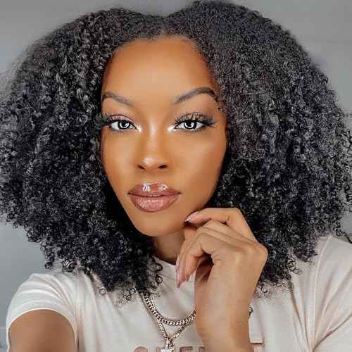 V Part Wig Human Hair Afro Kinky Curly Wig No Leave Out Brazilian Human Hair Wig For Black Women Beginner Friendly 200% Density Upgrade U Part Kinky Curly Wigs 16Inch