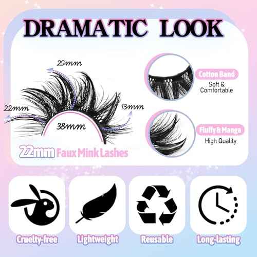 Losha 22mm Lashes Fluffy Eyelashes 3D Dramatic Long False Eyelashes Wet Look Manga Lashes Wispy Volume Faux Mink Lashes Cat Eye Lashes Soft Anime Fake Eyelashes 4 Pairs (Bold)