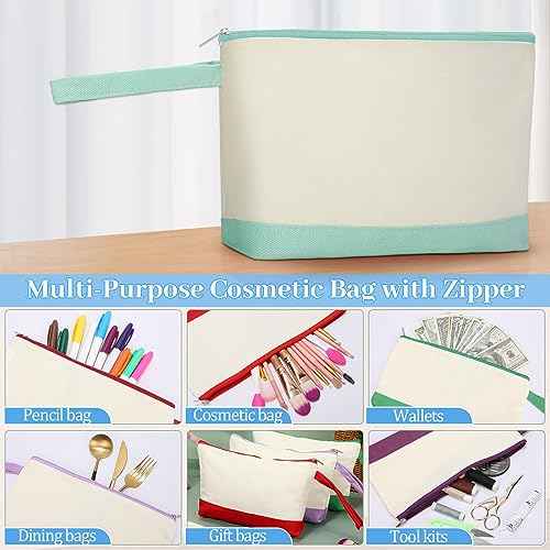 Silkfly 48 Pcs Cotton Canvas Makeup Bags Canvas Cosmetic Zipper 10.2 x 5.5 x 2 Inches Blank DIY Pouch Bag Bulk with Bottom Pencil Case Travel Toiletry Pouch for Women (24 Colors)