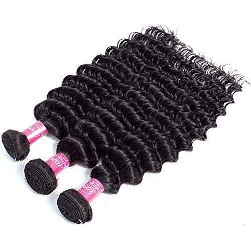 10A Deep Wave Human Hair Bundles with Closure(18 20 22+16 Closure) Brazilian Deep Weave Curly Human Hair 3 Bundles with 4x4 Lace Closure 100% Unprocessed Virgin Human Hair Bundle Natural Color