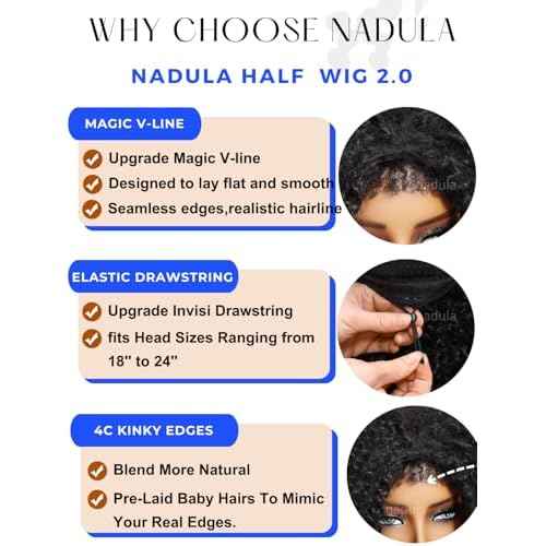 Nadula Afro Kinky Curly Half Wig Human Hair 16 Inch - Glueless Drawstring Wig with 4C Blend Edges, No Leave Out Wear and Go, Natural Look Flip Over Style, Beginner Friendly & Ready to Go Half Wig
