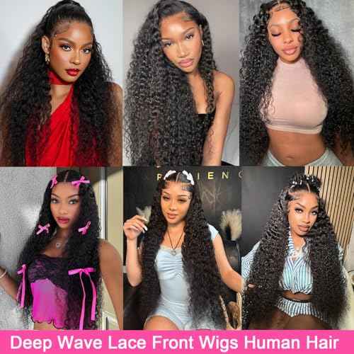 30 Inch Deep Wave Lace Front Wigs Human Hair 200 Density 13x6 HD Lace Frontal Wigs Human Hair Pre Plucked Deep Curly Glueless Wigs Human Hair Curly Wigs for Women Natural Color