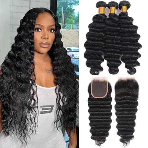 Loose Deep Wave Bundles with Closure(16 18 20+14 Inch,Free Part) Human Hair Pre Plucked with Baby Hair 12A Loose Wave Bundles and Closure Unprocessed Human Hair Deep Curly Closure with Bundles