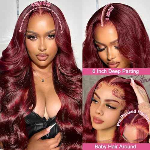 26 Inch 99j Burgundy Lace Front Wigs Human Hair 13x6 Body Wave Lace Front Wigs Human Hair Pre Plucked 180% Density Glueless Wine Red Lace Front Wigs for Women
