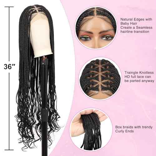 Kalyss 360¡Æ HD Full Lace Braided Wigs for Black Women Knotless Braided Wigs with Baby Hair Box Braid Wig Premium Synthetic Lace Front Black Box Braid Wig with Curly Ends 36"