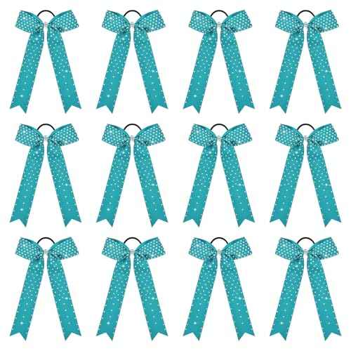 DEEKA 12 PCS Glitter Collegiate Style Cheer Bows Long Tail Full Rhinestones Skinny Shiny Cheer Bow Ponytail Holder Handmade Bows for Girls Teens Cheerleader Sports -Teal