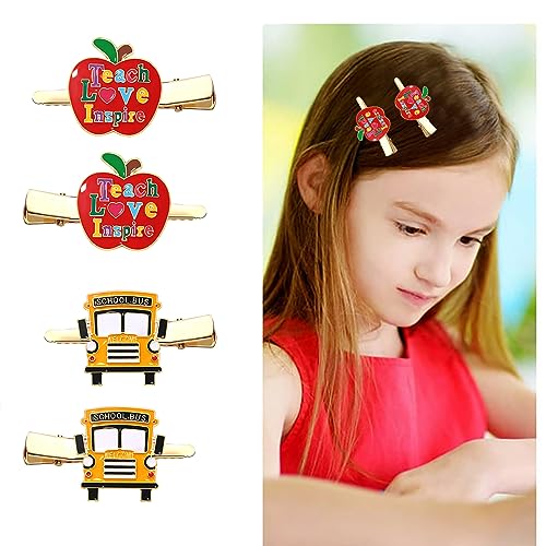 Back to School Hair Clips,Cute Schoolbag Book Hair Clips School Bus Hairpins Back-to-school Gifts Fun Hair Accessories for Teacher Students (2Pairs Ap-ple,School bus)