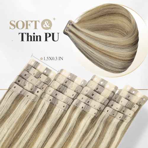 WIGER Seamless Highlighted Honey Blonde Human Hair Extensions No Glue No Gel Insert Human Extensions Balayage Invisible PU Hair Extensions (18 In, 20 Pcs)
