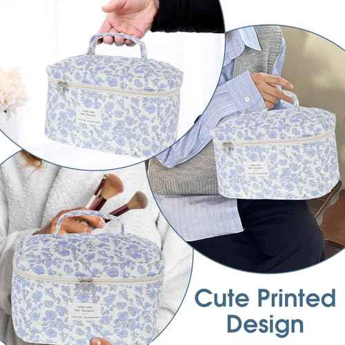 Large Makeup Bag, Cute Quilted Makeup Bag for Women, Travel Cotton Make Up Organizer Bag, Floral Coquette Aesthetic Toiletry Bag, Gift For Daughter, Preppy Things For Girls