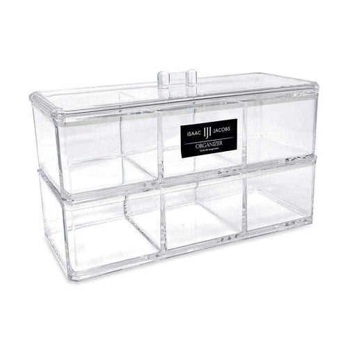 Isaac Jacobs 3-Compartment Clear Acrylic Rectangular Stackable Organizer with Lid, Multi-Sectional Drawer Tray, Storage Solution for Makeup, Craft Supplies, for Bathroom, Kitchen, Office (2, Clear)