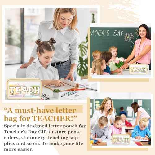 Teacher Appreciation Gifts Chenille Letter Clear Makeup Bag TEACH Pouch, Preppy Patch Makeup Bag with Zipper Graduation Retirement Birthday Cosmetic Bag Teacher Gifts Supplies for Women(TEACH-Beige)