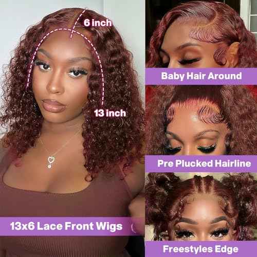 18 Inch Reddish Brown Curly Bob Wig Human Hair 13x6 Frontal Lace Wig 200% Density Lace Front Wigs Human Hair Pre Plucked Bob Wigs for Black Women 33#