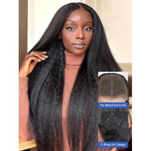 ORIGINAL QUEEN Kinky Straight Wig Wear and Go Glueless Wig Human Hair Pre Cut Pre Plucked 5X7 Large Lace Front Wigs Human Hair for Women 3D Dome Cap Beginner Friendly 16Inches