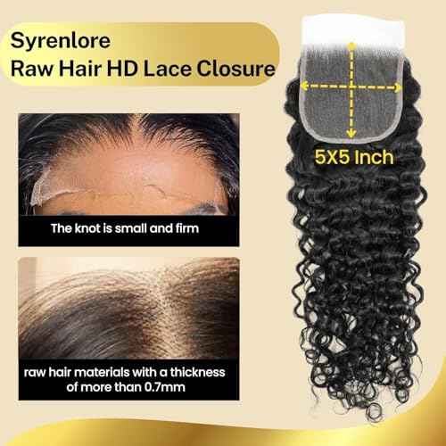 5x5 Skinlike Real HD Lace Closure Only Water Wave Human Hair, 20 Inch 0.09mm Ultra-thin Invisible Swiss Crystal Lace Closure 13A Wet n Wavy Curly Raw Hair Pre-Plucked Tiny Knot Natural Black