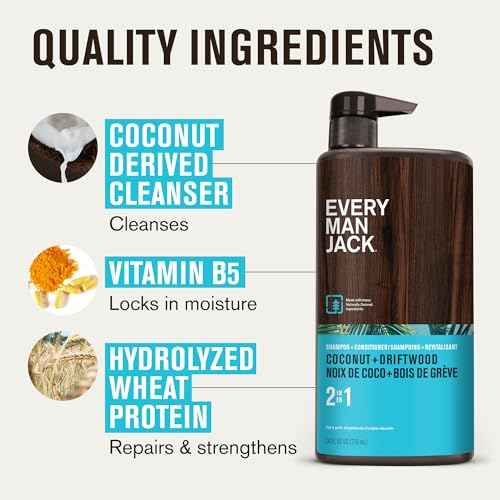 Every Man Jack 2-in-1 Daily Shampoo + Conditioner - Coconut & Driftwood | Nourishing For All Hair Types, Naturally Derived, Cruelty-Free Shampoo and Conditioner Set for Men | 24oz -1 Bottle