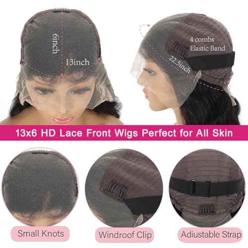 Body Wave Lace Front Wigs Human Hair 200 Density 13x6 HD Lace Frontal Wigs Pre Plucked Glueless Brazilian Virgin Human Wig with Baby Hair Body Wave wigs for Women Natural Black 24 INCH