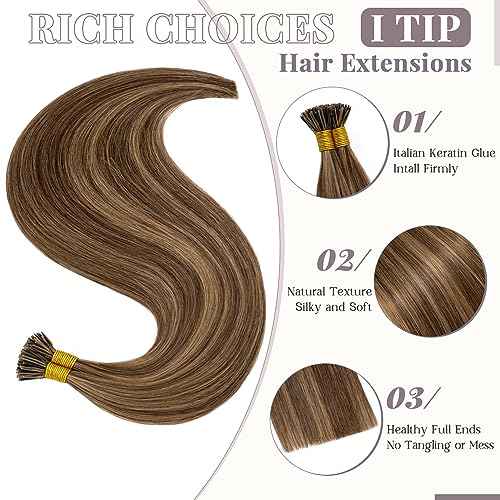 Rich Choices I Tip Hair Extensions Human Hair,100 Strands 0.5g/Strands,100% Real Remy Human Hair Extension Pre Bonded Keratin Stick In 22 Inch #4P27 Medium Brown Highlight Dark Blonde