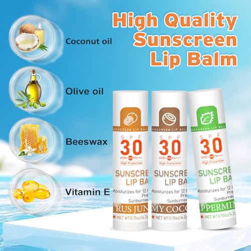 SPF 30 Lip Balm with Sunscreen, SPF Lip Balm Bulk Travel Size-16 Pack, Hydrating Lip Balm Pack with Vitamin E and Coconut Oil- 8 Flavors