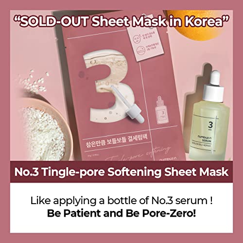 numbuzin No.3 Sheet Mask | 5 Sheets | Tingle-Pore Softening Sheet Mask | Pore Minimizing, Skin Softening Face Mask with Bifidax | Hydrates, Smooths Rough, Bumpy Skin, Improves Glow | Korean Skincare