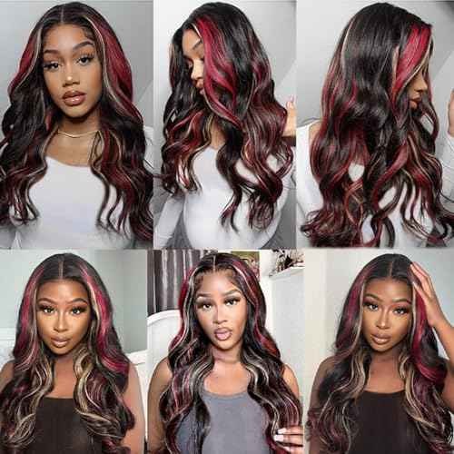 Black Red Blonde Highlights Wig Human Hair 13x4 Body Wave Lace Front Wigs Human Hair 180% Density Ombre Blonde Red Highlight Glueless Colored Body Wave Wig Pre Plucked for Women 18 Inch