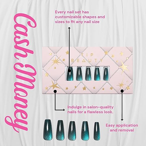 Tip Beauty Fake Nails Collections | 28 Faux Nails & Specialized Nail Glue | Quick Drying Professional Salon Quality Glue On Fake Nail Kit | Faux Nails for Women, (Coffin, Cash Money)