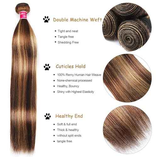 Highlight Ombre Bundles with Lace Closure Brazilian Straight Brown Blonde Highlight 3 Bundle with 4X4 Free Part Closure (14 16 18+14Inch) P4/27 Colored Remy Virgin Hair Weave