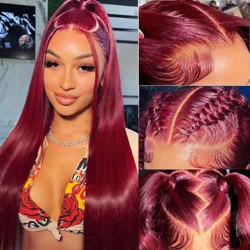 24Inch Burgundy Wig Human Hair 13X4 99J Burgundy Straight Lace Front Wigs Human Hair Pre Plucked 200% Density HD Transparent Glueless Red Burgundy Straight Wigs Human Hair for Women with Baby Hair