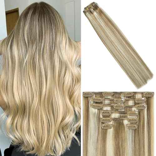 WindTouch Clip in Hair Extensions 115g Real Human Hair Blonde Hair Extensions #18p613 Mixed Bleached Blonde Thicker 7pcs 22inch