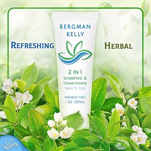 BERGMAN KELLY - Travel Size 2 in 1 Shampoo & Conditioner - 1 fl oz, 200 PK, White Tea - Delight Your Guests w/Revitalizing & Refreshing Shampoo Amenities, Quality Small Size Hotel Toiletries in Bulk