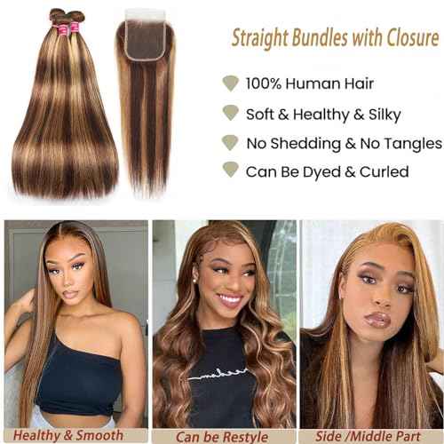 Highlight Ombre Bundles with Lace Closure Brazilian Straight Brown Blonde Highlight 3 Bundle with 4X4 Free Part Closure (14 16 18+14Inch) P4/27 Colored Remy Virgin Hair Weave