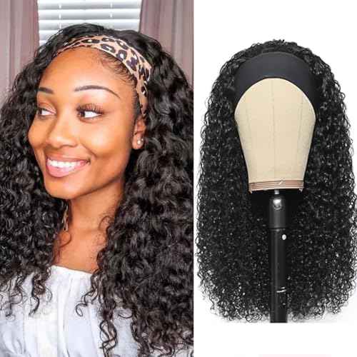 Headband Wig Human Hair Water Wave None Lace Front Glueless Curly Wig With Pre-Attached Scarf For Black Women Put And Go Wig Natural Beginner-Friendly 14 Inch
