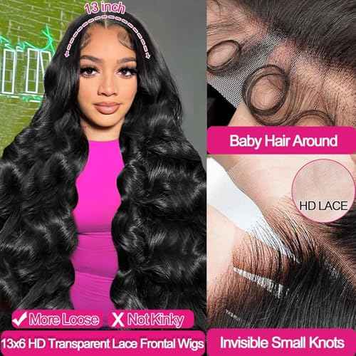 28 Inch 13x6 Lace Front Wigs Human Hair Pre Plucked, Real 10A 180% Density Body Wave HD Transparent Lace Frontal Wigs with Baby Hair for Women, Glueless Wig, Natural Black