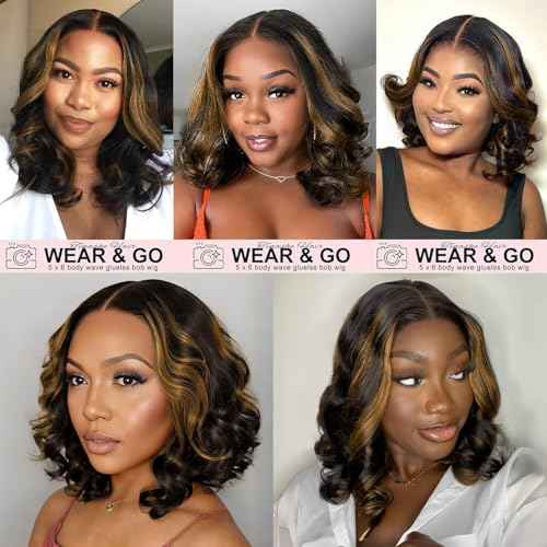 Tinashe Highlight Bob Wig Human Hair Wear and Go Glueless Wigs Human Hair Pre Plucked Pre Cut 180% Body Wave 5x6 Lace Front Short Bob Wigs Human Hair for Black Women-Highlight 1B/2/30,12inch
