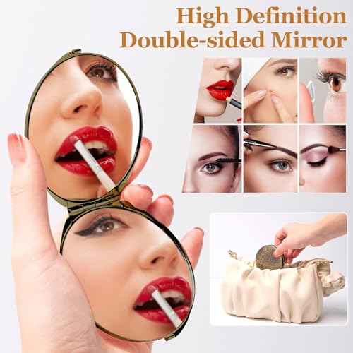 Retro metal compact travel mirror 1x/2x magnification compact portable foldable, used as a compact magnifying glass for wallets and pockets, distortion free folding portable compact mirror (bronze)