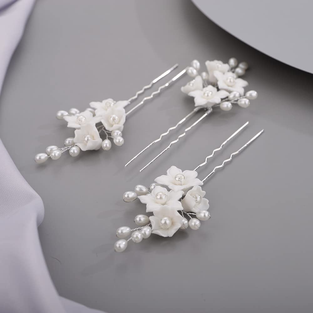 BERYUAN Bridal Flowers Leaves Hair Pins for Bride Women Dainty Pearls Beads Hair Pins for Girls SILVER （3 pcs）