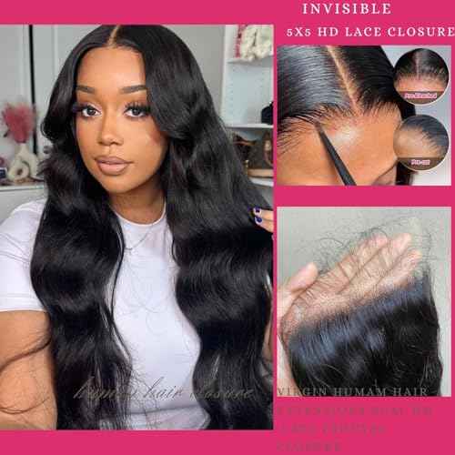 5x5 Hd Lace Closure Human Hair Body Wave Closure Invisible Skinlike Frontal Hd Lace Closure With Baby Hair 20 Inch Free part 5x5 Closure Human Hair Pre-Plucked Natural Hairline Natural Black 20inch