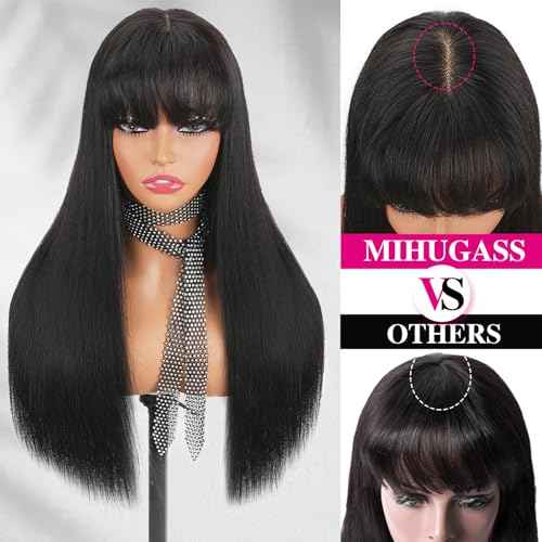 2x4 Lace Front Wigs With Bangs Human Hair 200% Lace Closure Wigs For Women Brazilian Virgin Hair Wear and Go Glueless Wig Natural Black Color(16 Inch)