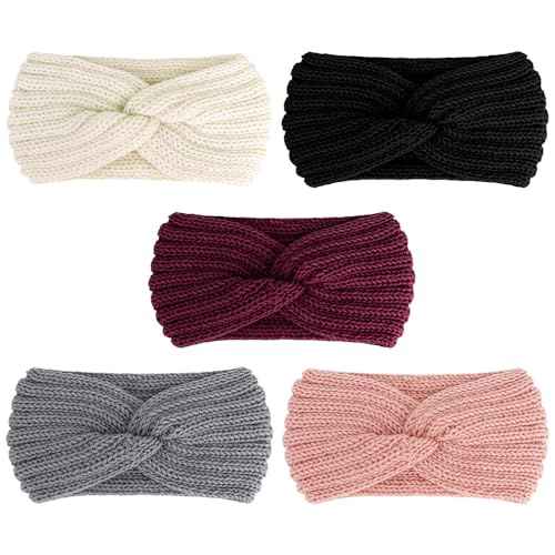 AOPRIE Winter Headbands for Women Girls Ear Warmers for Women Ear Covers for Cold Weather Knit Wide Thick headbands for Women Girls Gray Black Red Pink White, 5 Pack