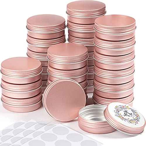 Patelai 2 oz 120 Pcs Metal Round Tins Aluminum Tin Cans Salve Tins Containers with Screw Lid 20 Sheets Stickers for Christmas Salve Spice Candies Balms Candles(Rose Gold)
