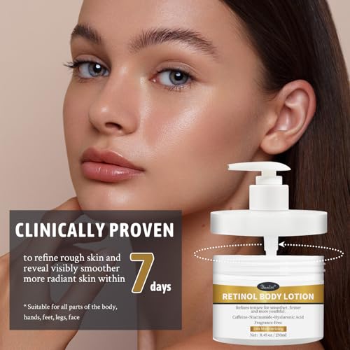 Retinol Body Lotion Fragrance-Free, Anti-Aging Firming Body Cream and Face Moisturizer with Niacinamide Hyaluronic Acid & Shea Butter, Helps Diminish the Look of Crepey Skin for Women & Men 8.45 oz