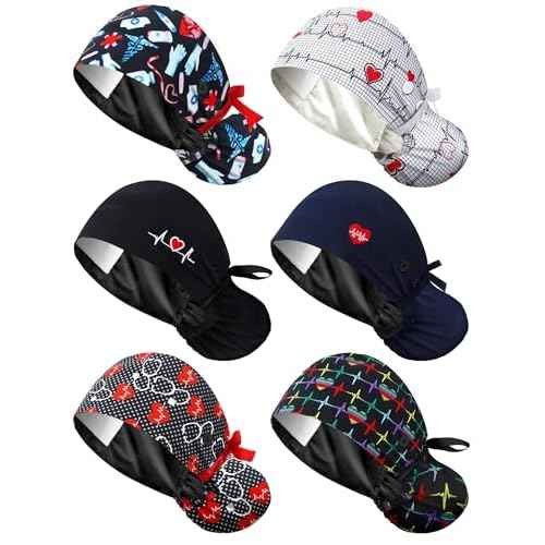6 Pcs Satin Lined Scrub Caps Women Nurse Surgical Hat with Buttons Ponytail Working Adjustable Pouch Tie Back