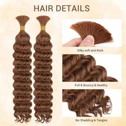 Human Braiding Hair for Boho Knotless Braids 2 Bundles 22 Inches 120g Deep Wave 10A Brazilian Virgin Human Bohemian Hair for Braiding Auburn Brown 30