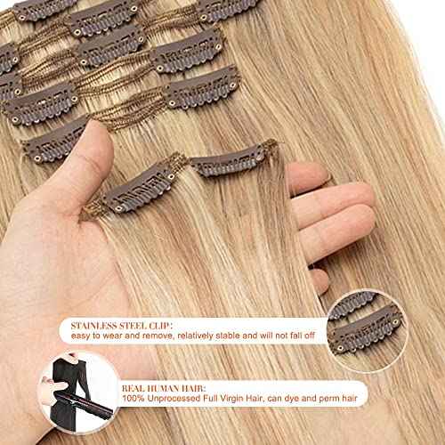 Clip in Hair Extensions Real Human Hair Blonde 22 inch 8pcs 120g 100% Unprocessed Full Virgin Hair Pieces for Women Human Hair Extensions Double Weft(22 inch #18/613)