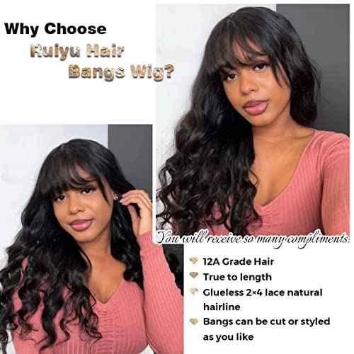 Ruiyu Body Wave 2x4 Lace Front Wigs Human Hair Wigs with Bangs for Black Women Wear and Go Glueless Wig with Bangs 180% Density Closure 100% Brazilian Virgin Human Hair 18 Inch