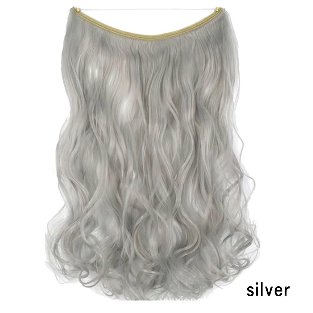 iLUU 18inch 80g Silver Color Hair Extensions for Women Long Curly Wavy Synthetic Haipieces Hidden Fish Line Hairpiece Invisible String Transparent Wire Hair Extensions for Party Daily Use