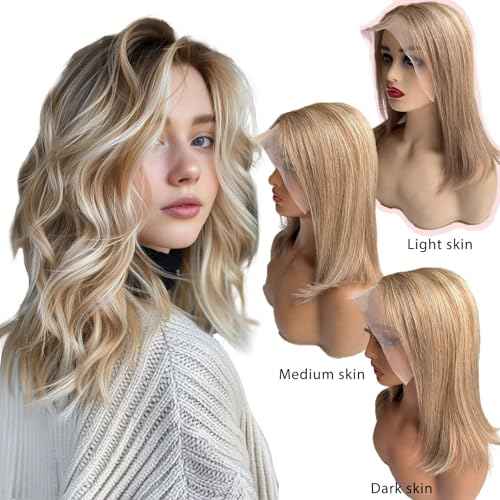 8T860 Brown Highlights Bob Wigs Human Hair for White Women Ombre #8 Brown to 60# Platinum Blonde 13x6 Straight Bob Lace Front Wig Human Hair 14 Inch Pre Plucked Pre Cut Wear and Go Glueless Wigs