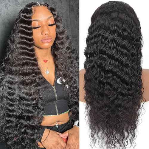 XVE 13x4 Deep Wave Wig Human Hair Pre Plucked 200% Density Wet And Wavy Human Hair Wigs For Women Transparent Lace Frontal Curly Wigs Brazilian Hair Glueless Wigs Natural Black Color 24 Inch